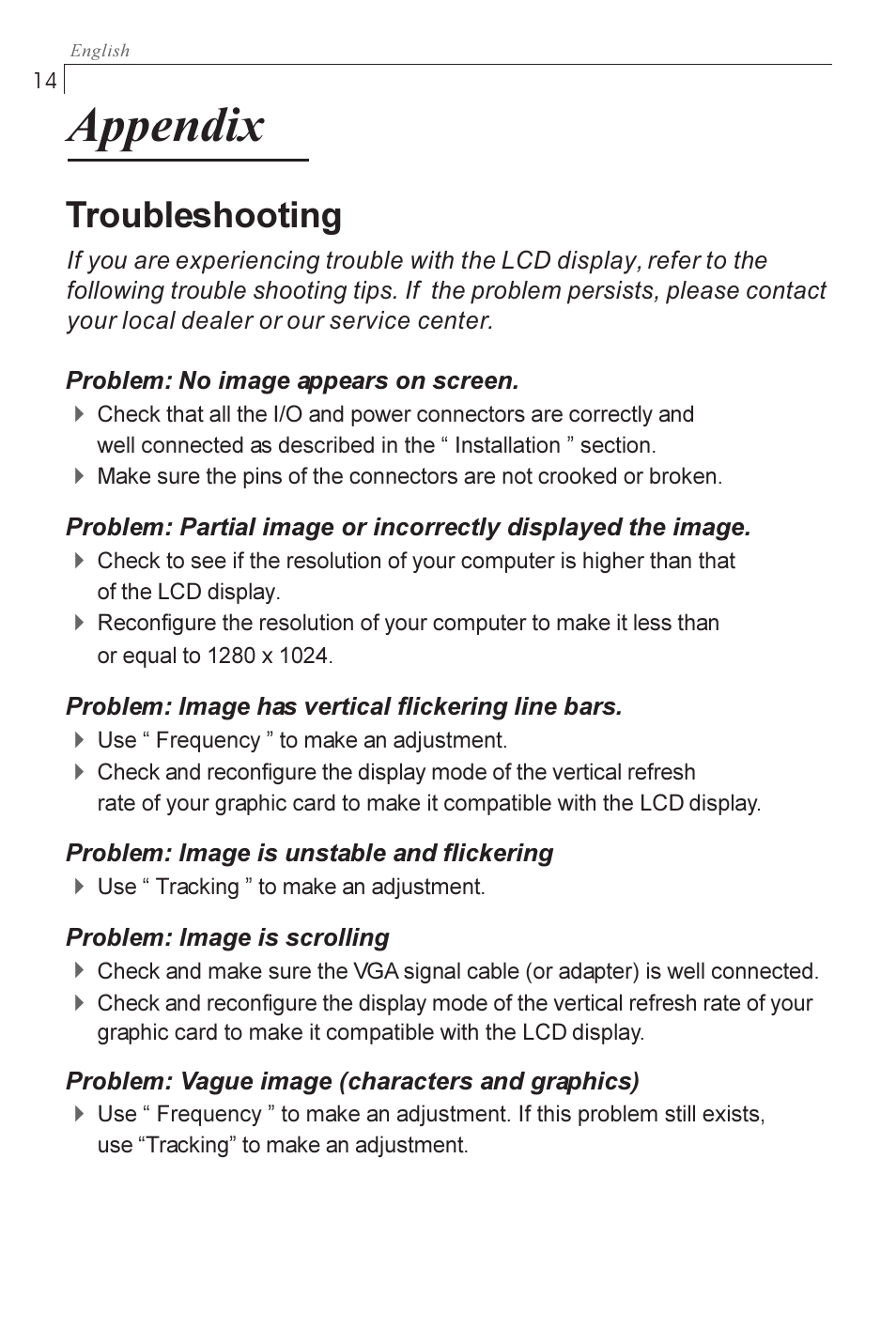 Appendix, Troubleshooting | Planar PX1710M User Manual | Page 16 / 20