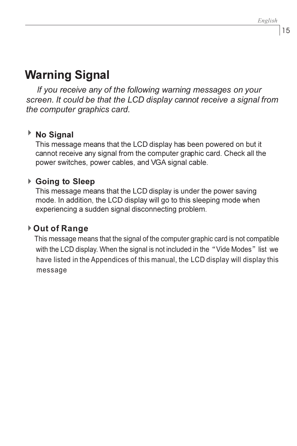 Warning signal | Planar PX1710M User Manual | Page 17 / 20