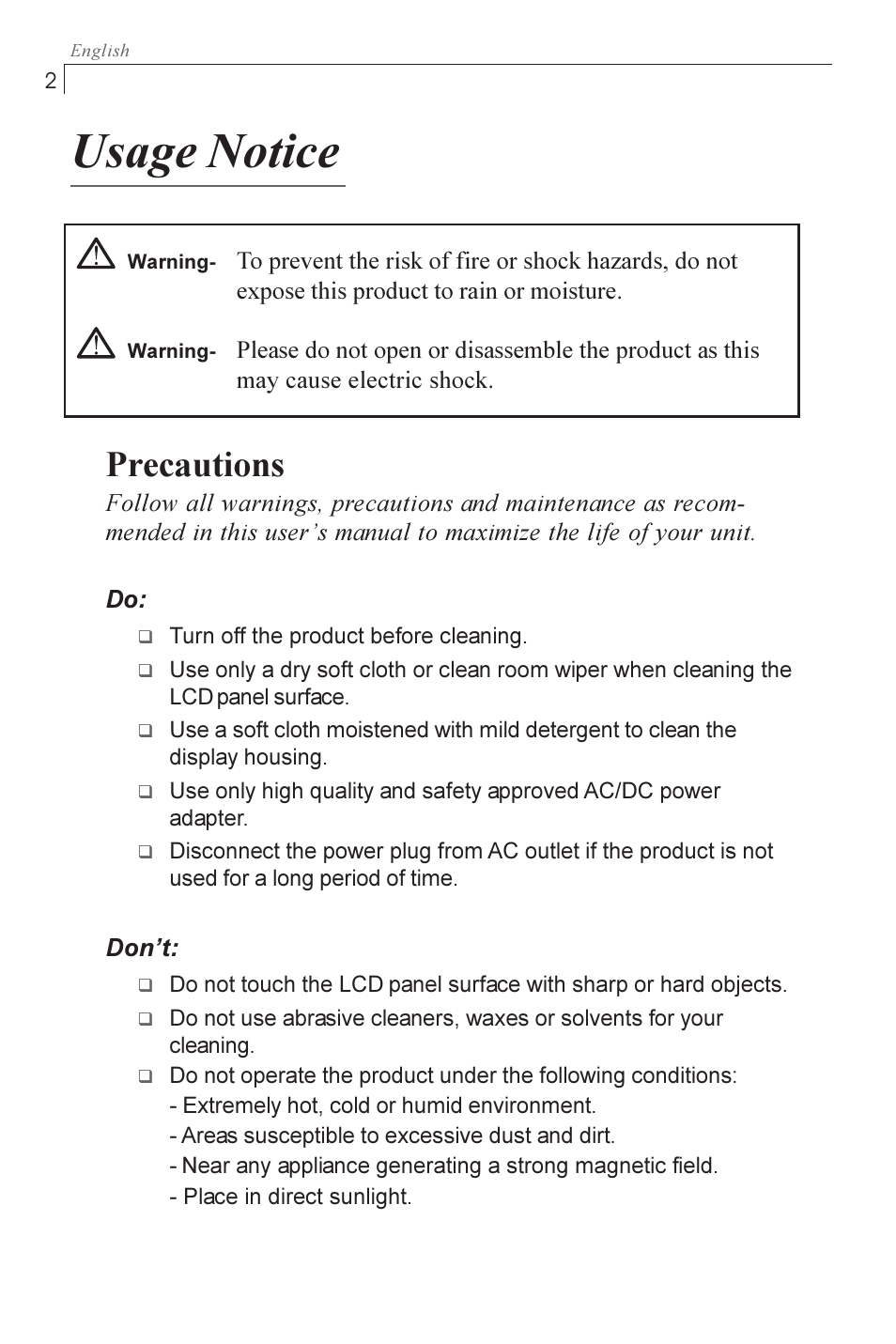 Usage notice, Precautions | Planar PX1710M User Manual | Page 4 / 20