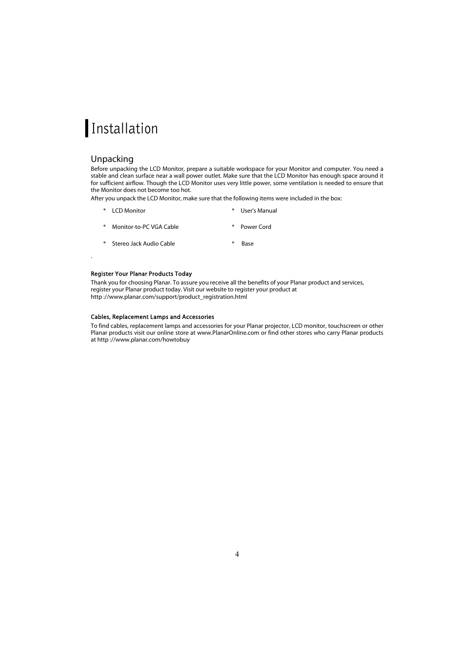 Installation, Unpacking | Planar PL1700 User Manual | Page 6 / 17