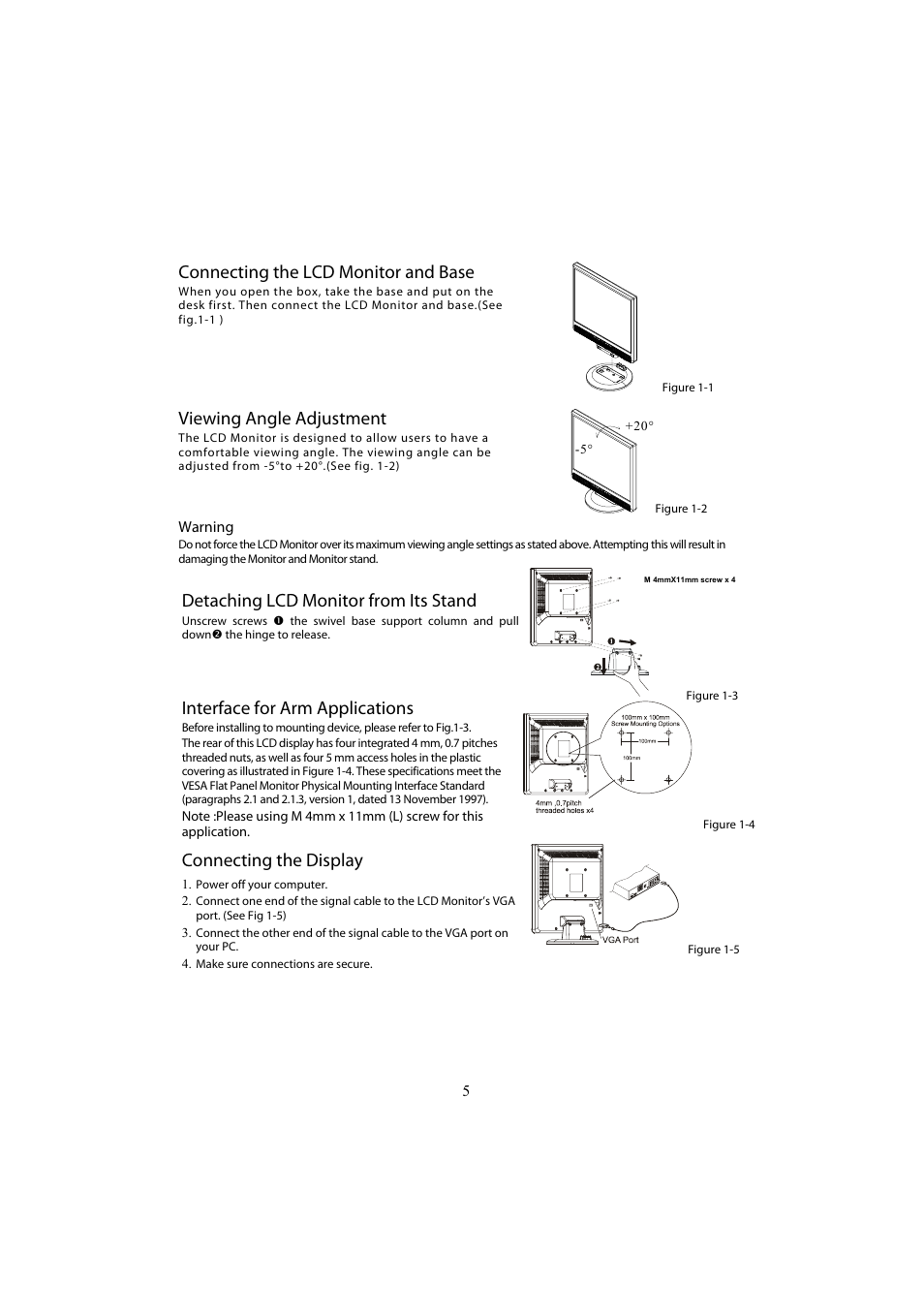 Connecting the lcd monitor and base, Viewing angle adjustment, Detaching lcd monitor from its stand | Interface for arm applications, Connecting the display | Planar PL1700 User Manual | Page 7 / 17