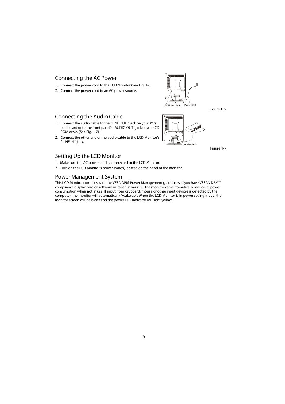 Connecting the ac power, Connecting the audio cable, Setting up the lcd monitor | Power management system | Planar PL1700 User Manual | Page 8 / 17