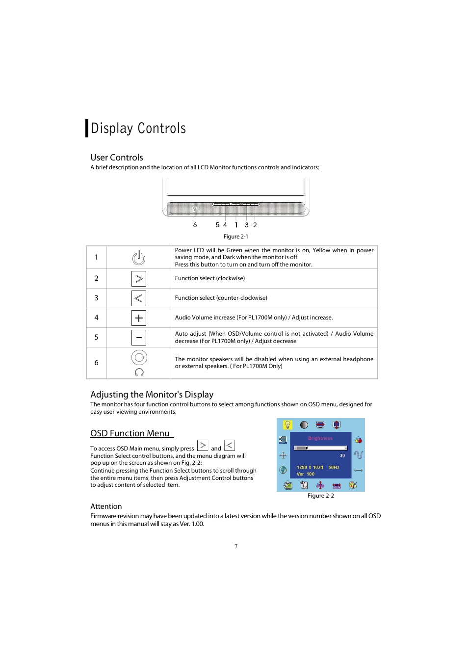 Display controls, User controls, Adjusting the monitor's display | Osd function menu | Planar PL1700 User Manual | Page 9 / 17