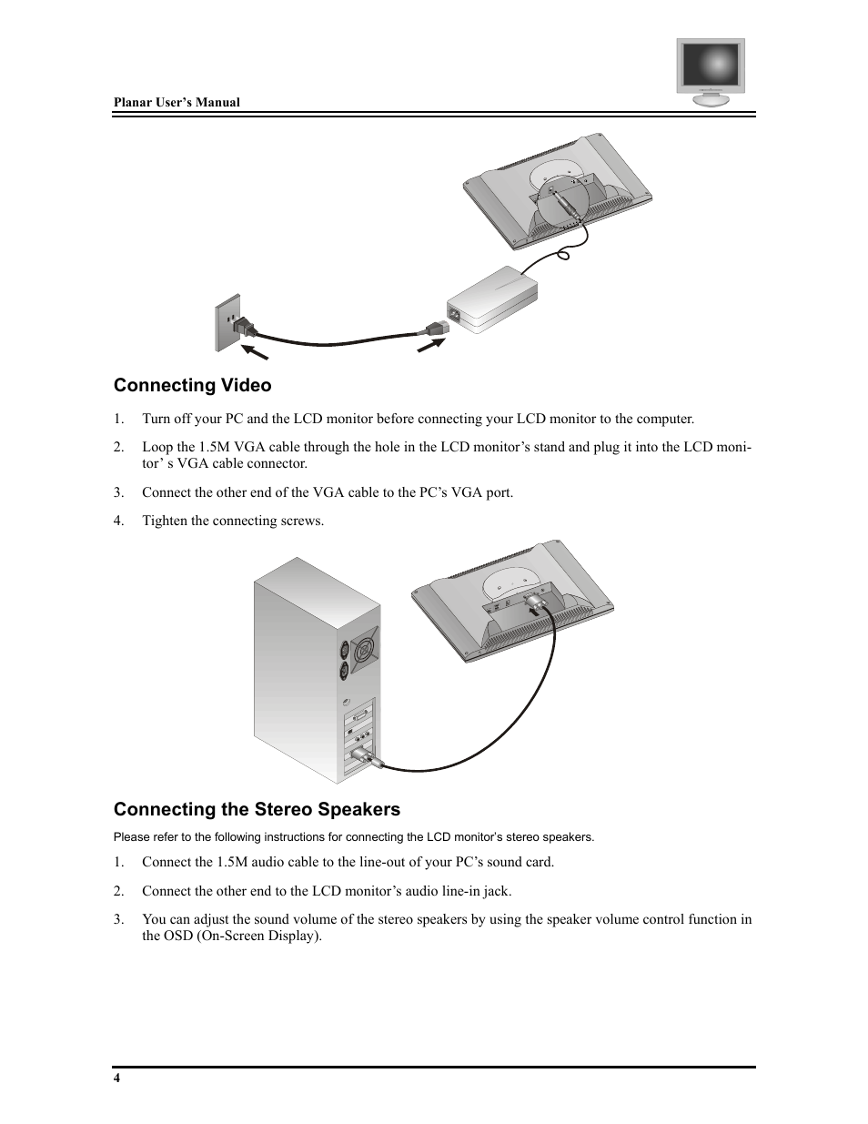 Connecting video, Connecting the stereo speakers | Planar FWT1503Z User Manual | Page 10 / 18