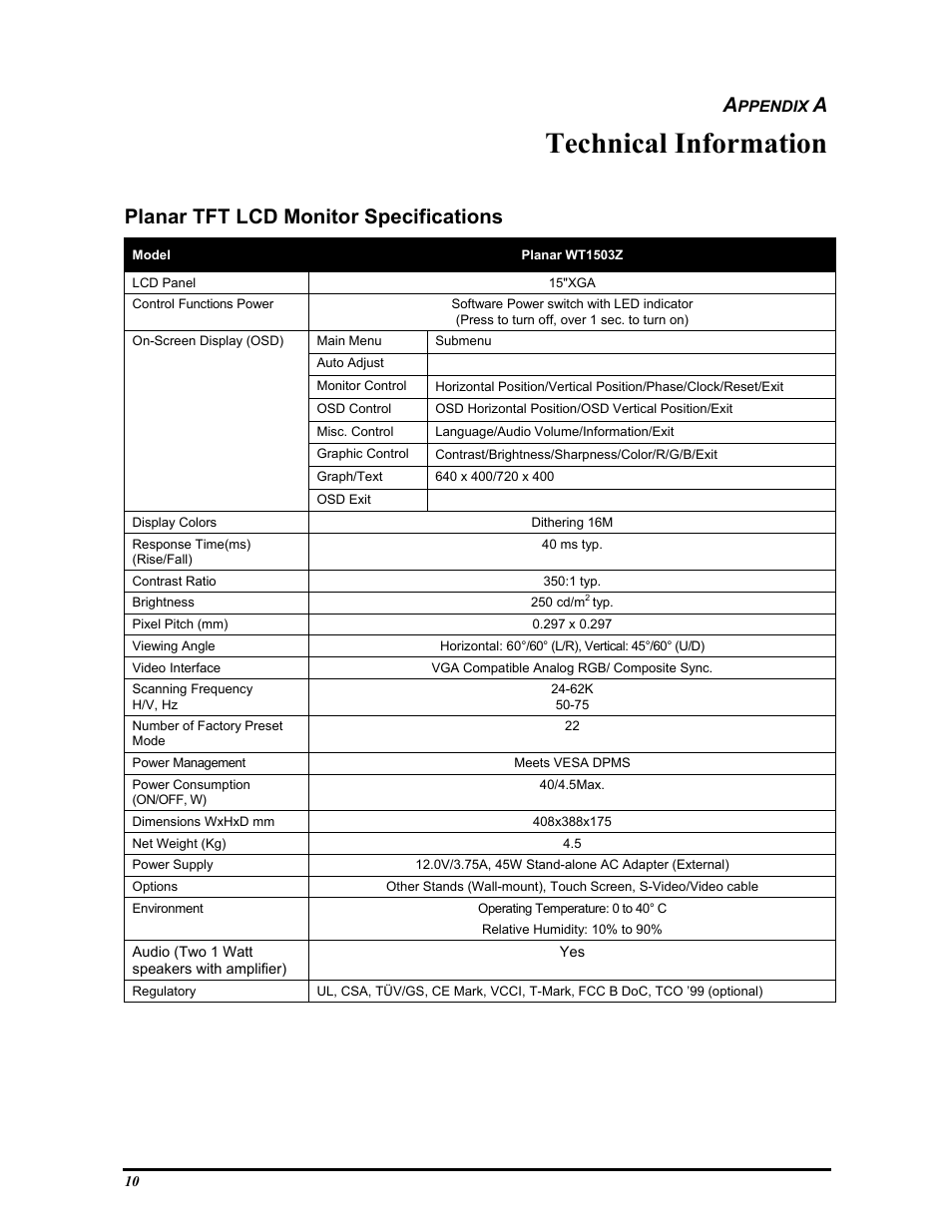 Technical information, Planar tft lcd monitor specifications | Planar FWT1503Z User Manual | Page 16 / 18