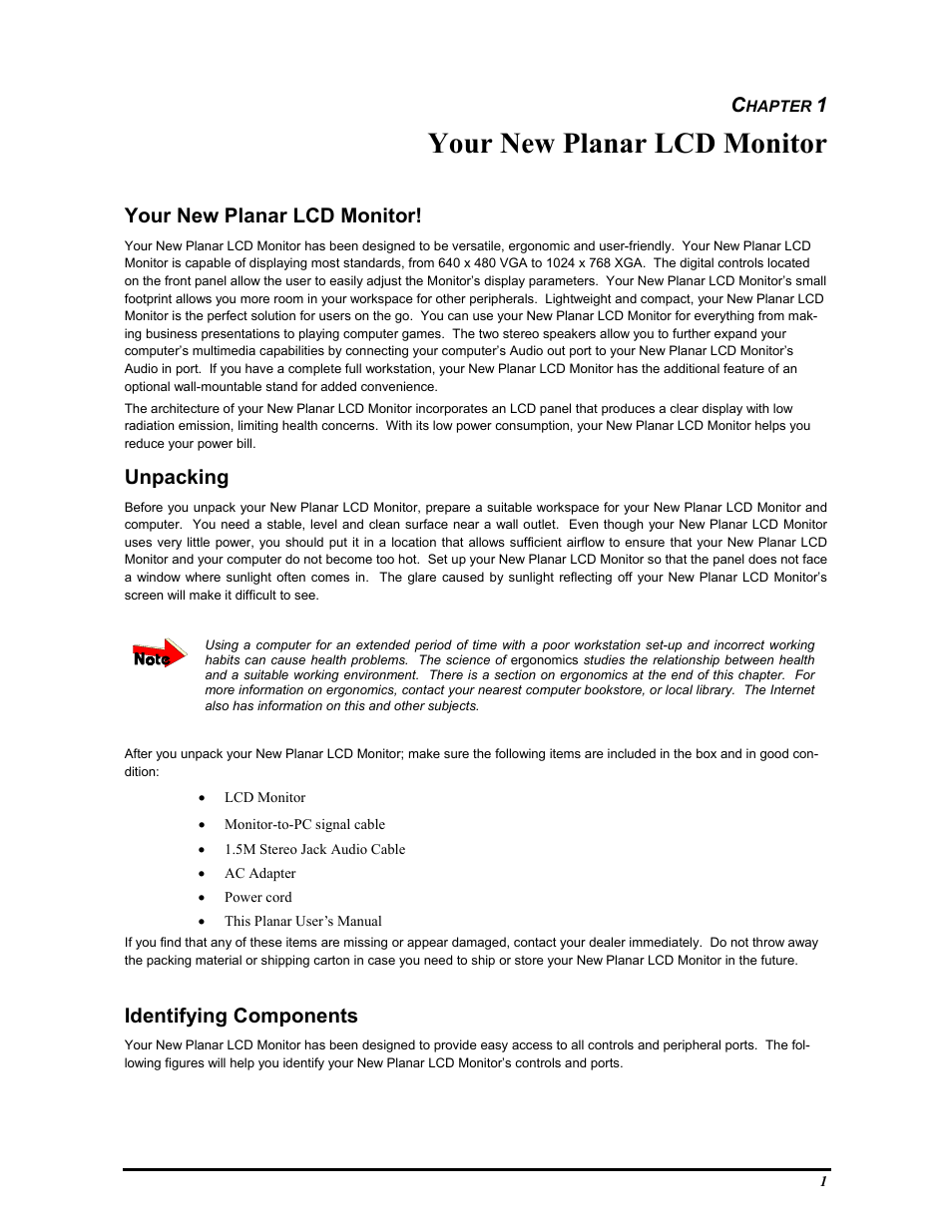Your new planar lcd monitor, Unpacking, Identifying components | Planar FWT1503Z User Manual | Page 7 / 18
