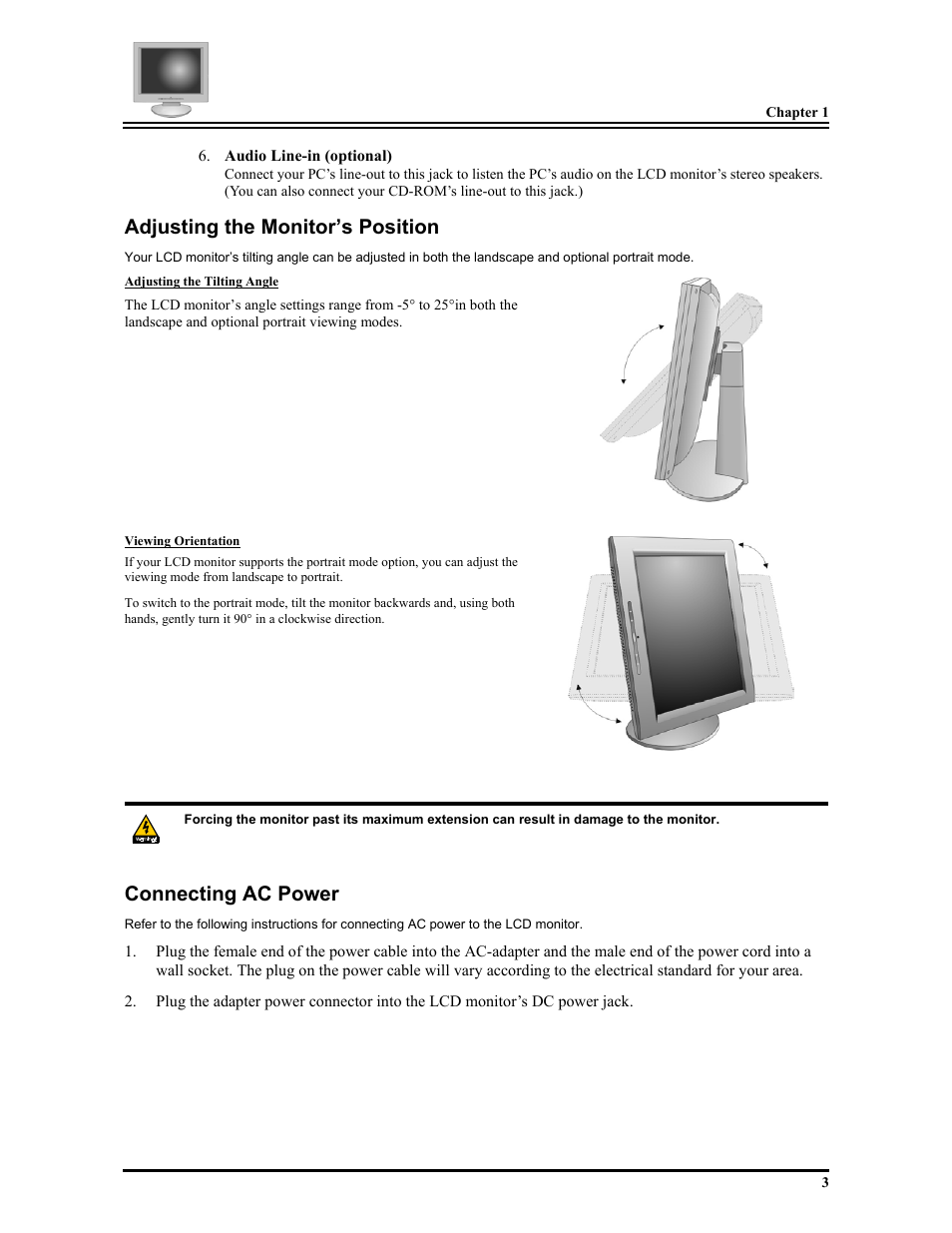 Adjusting the monitor’s position, Connecting ac power | Planar FWT1503Z User Manual | Page 9 / 18