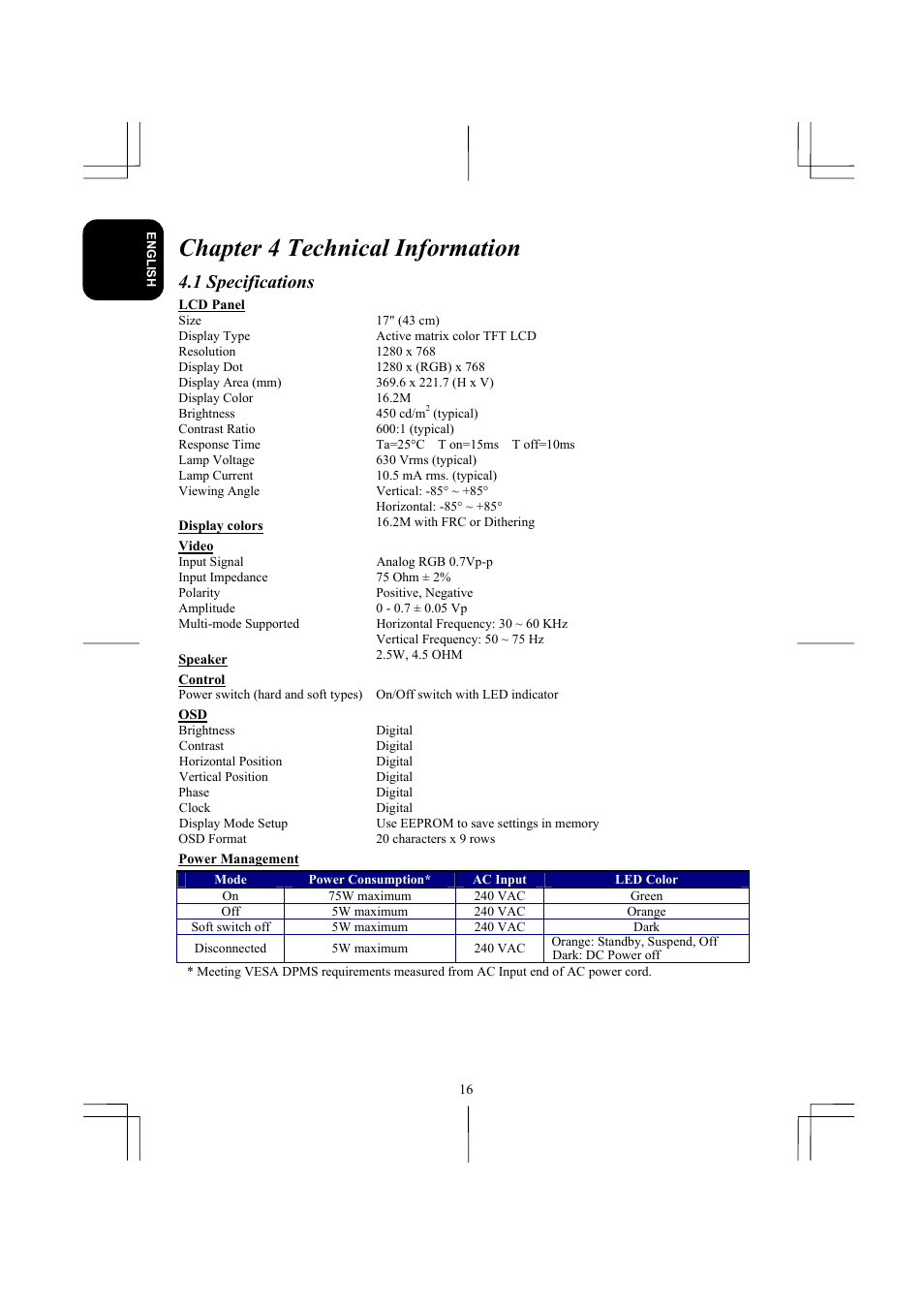 Chapter 4 technical information, 1 specifications | Planar XP17W User Manual | Page 17 / 21