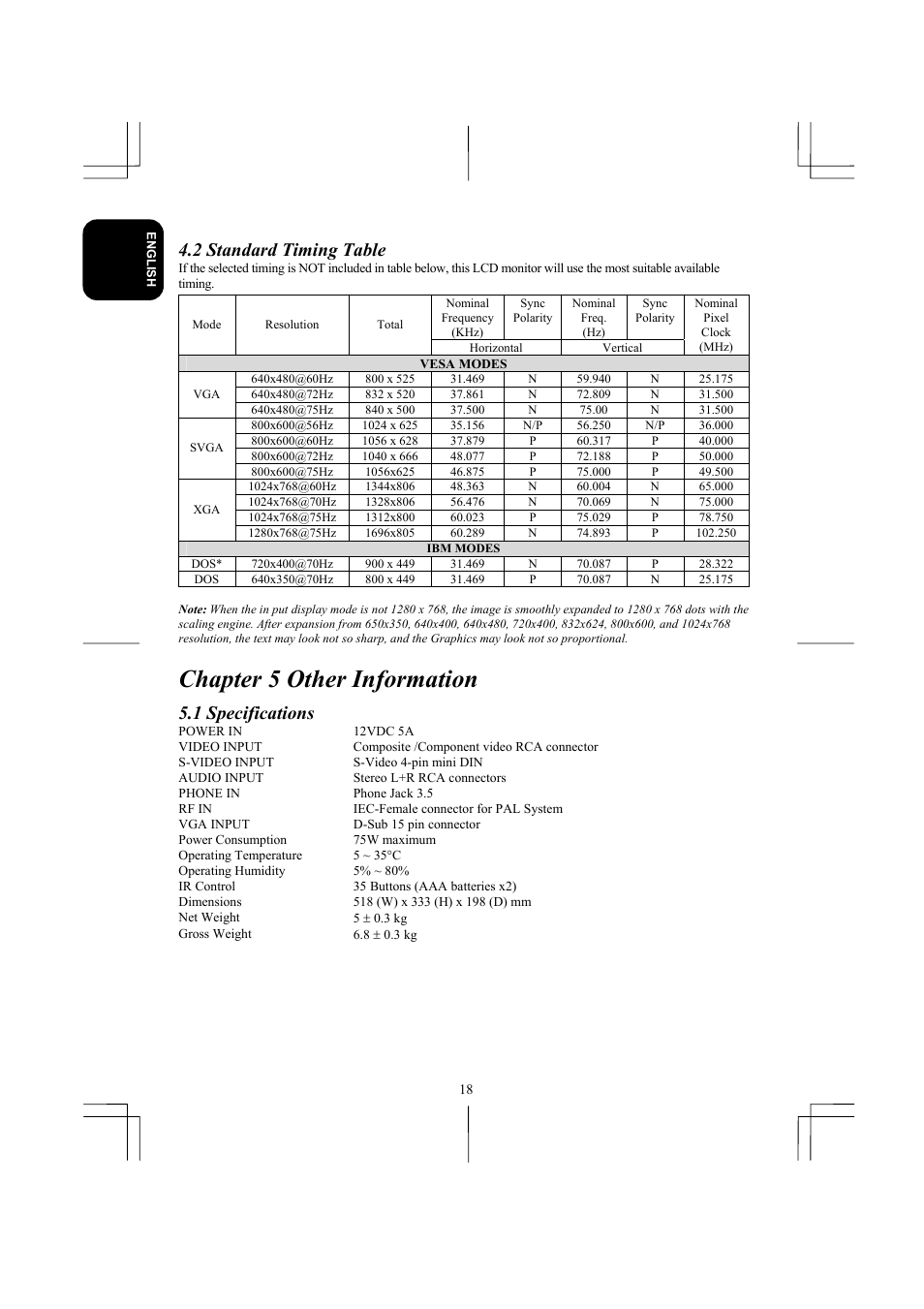 Chapter 5 other information, 2 standard timing table, 1 specifications | Planar XP17W User Manual | Page 19 / 21
