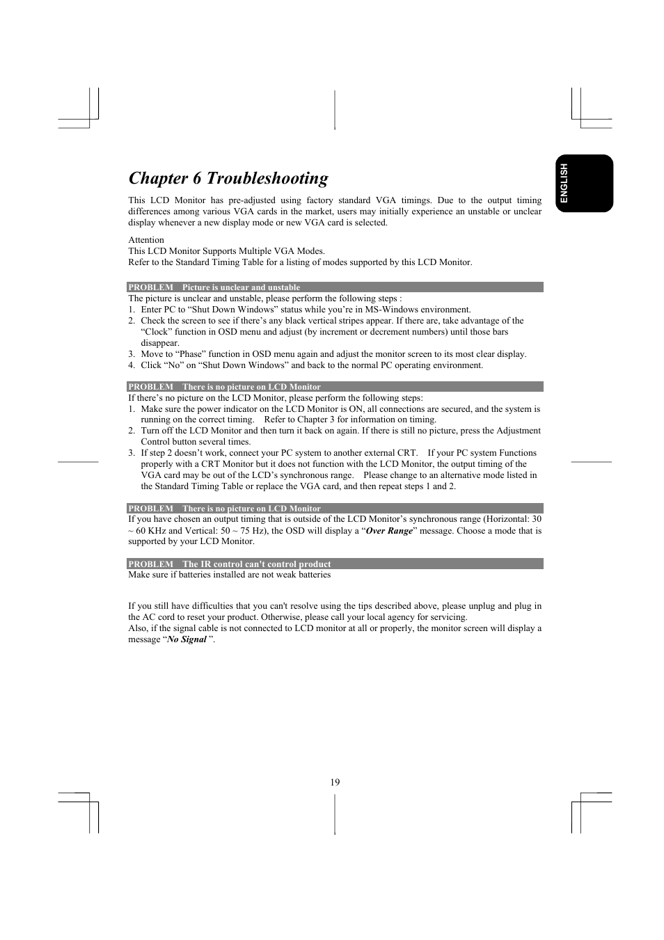 Chapter 6 troubleshooting | Planar XP17W User Manual | Page 20 / 21