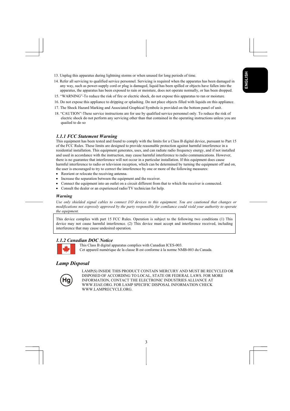 Lamp disposal | Planar XP17W User Manual | Page 4 / 21