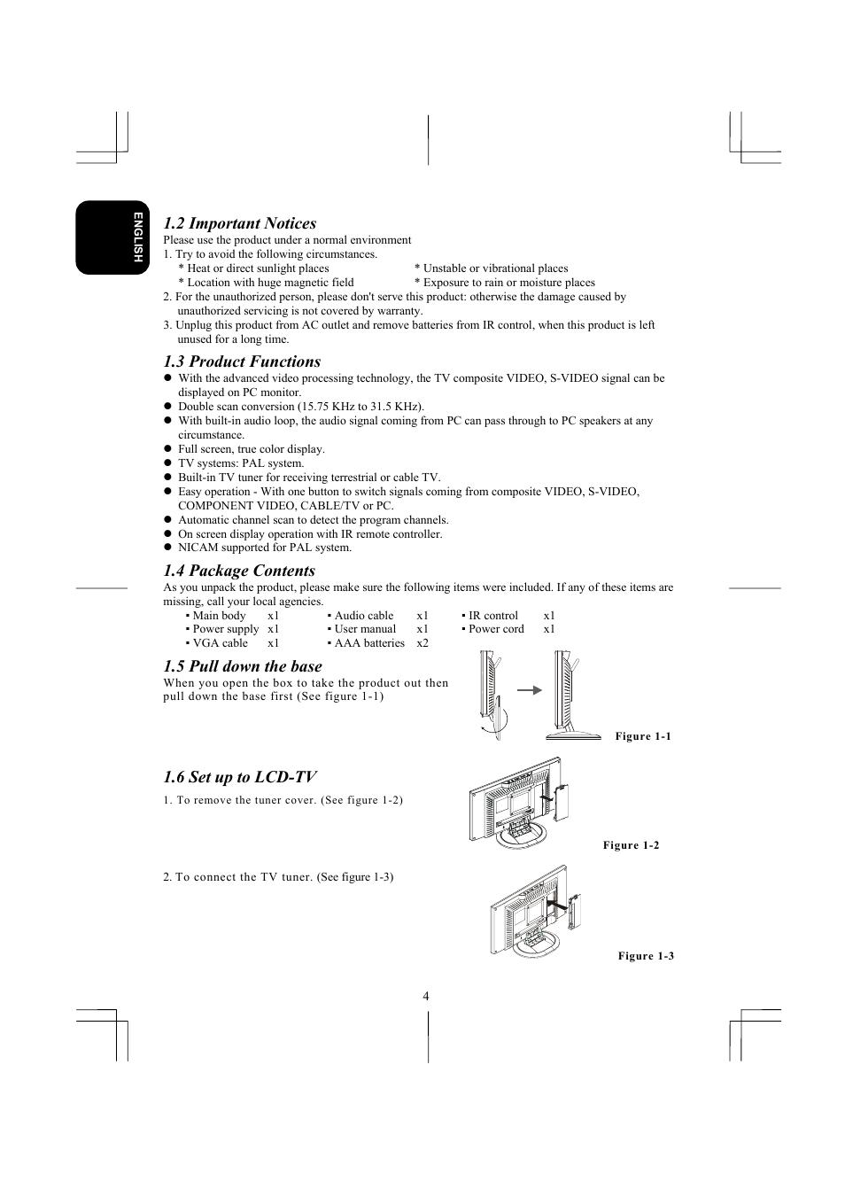 2 important notices, 3 product functions, 4 package contents | 5 pull down the base, 6 set up to lcd-tv | Planar XP17W User Manual | Page 5 / 21