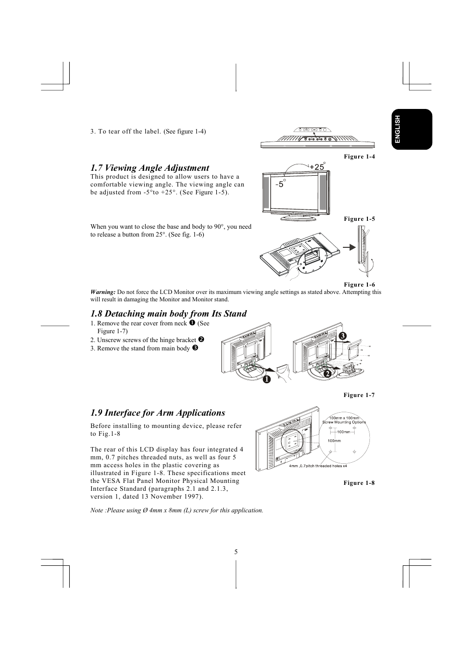 7 viewing angle adjustment, 8 detaching main body from its stand, 9 interface for arm applications | Planar XP17W User Manual | Page 6 / 21