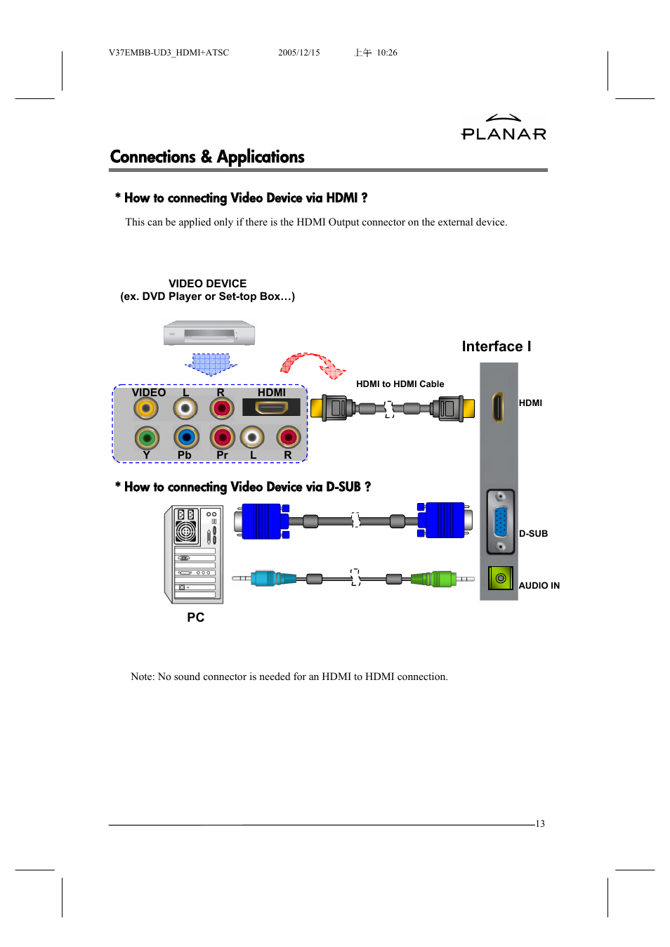 Connections & applications, Interface i | Planar XP37W User Manual | Page 14 / 70