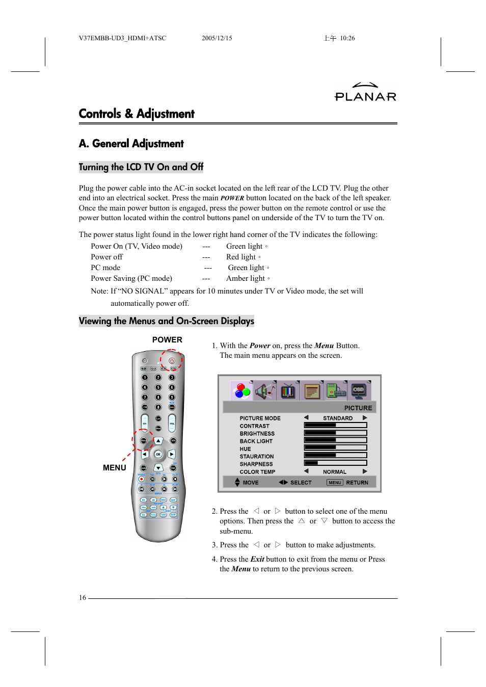 Controls & adjustment, A. general adjustment | Planar XP37W User Manual | Page 17 / 70