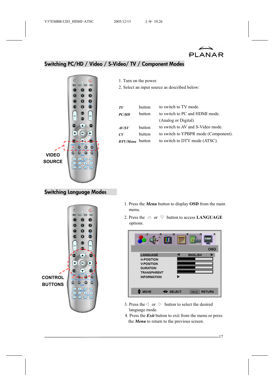 Switching language modes | Planar XP37W User Manual | Page 18 / 70