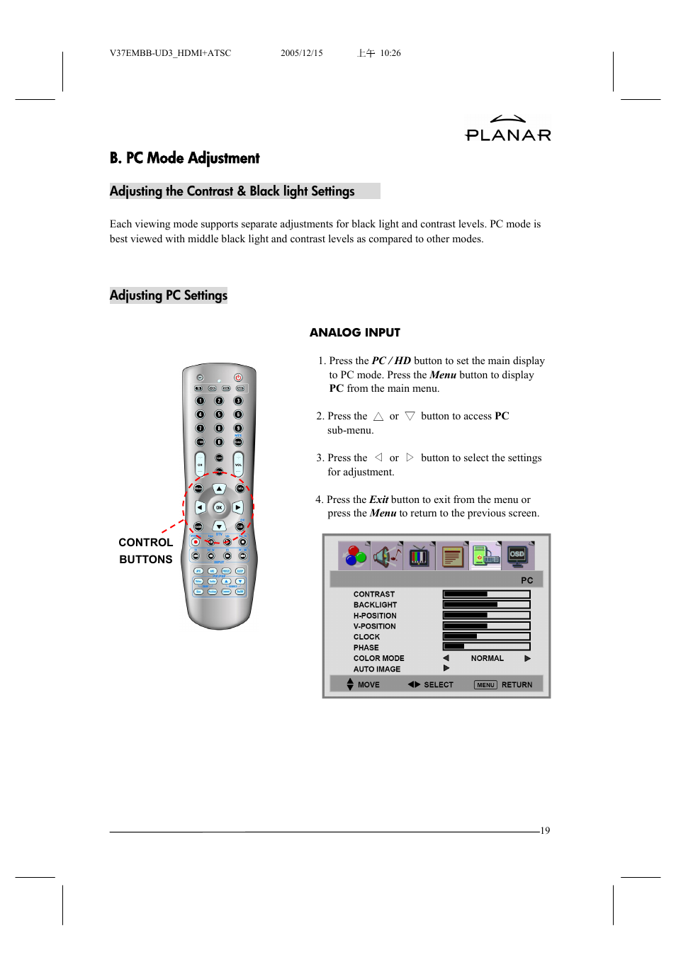 B. pc mode adjustment | Planar XP37W User Manual | Page 20 / 70
