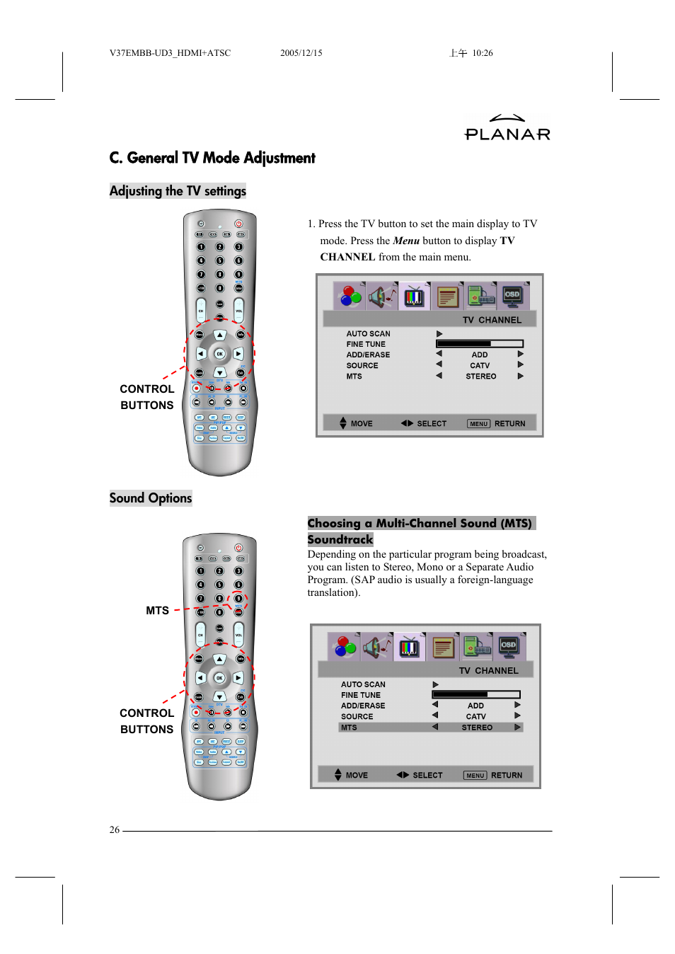 C. general tv mode adjustment | Planar XP37W User Manual | Page 27 / 70