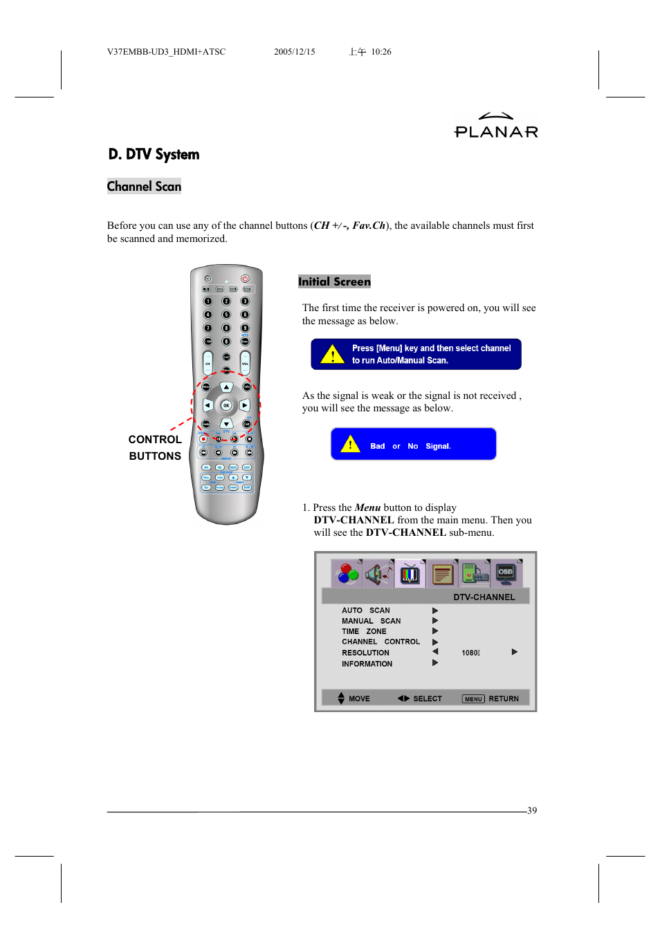 D. dtv system | Planar XP37W User Manual | Page 40 / 70