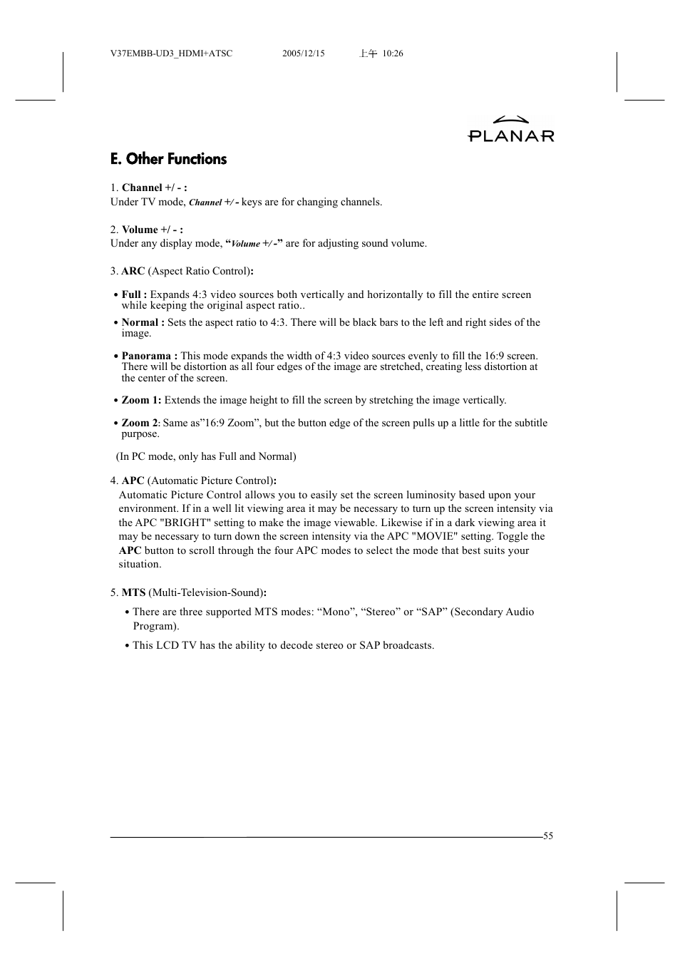 E. other functions | Planar XP37W User Manual | Page 56 / 70