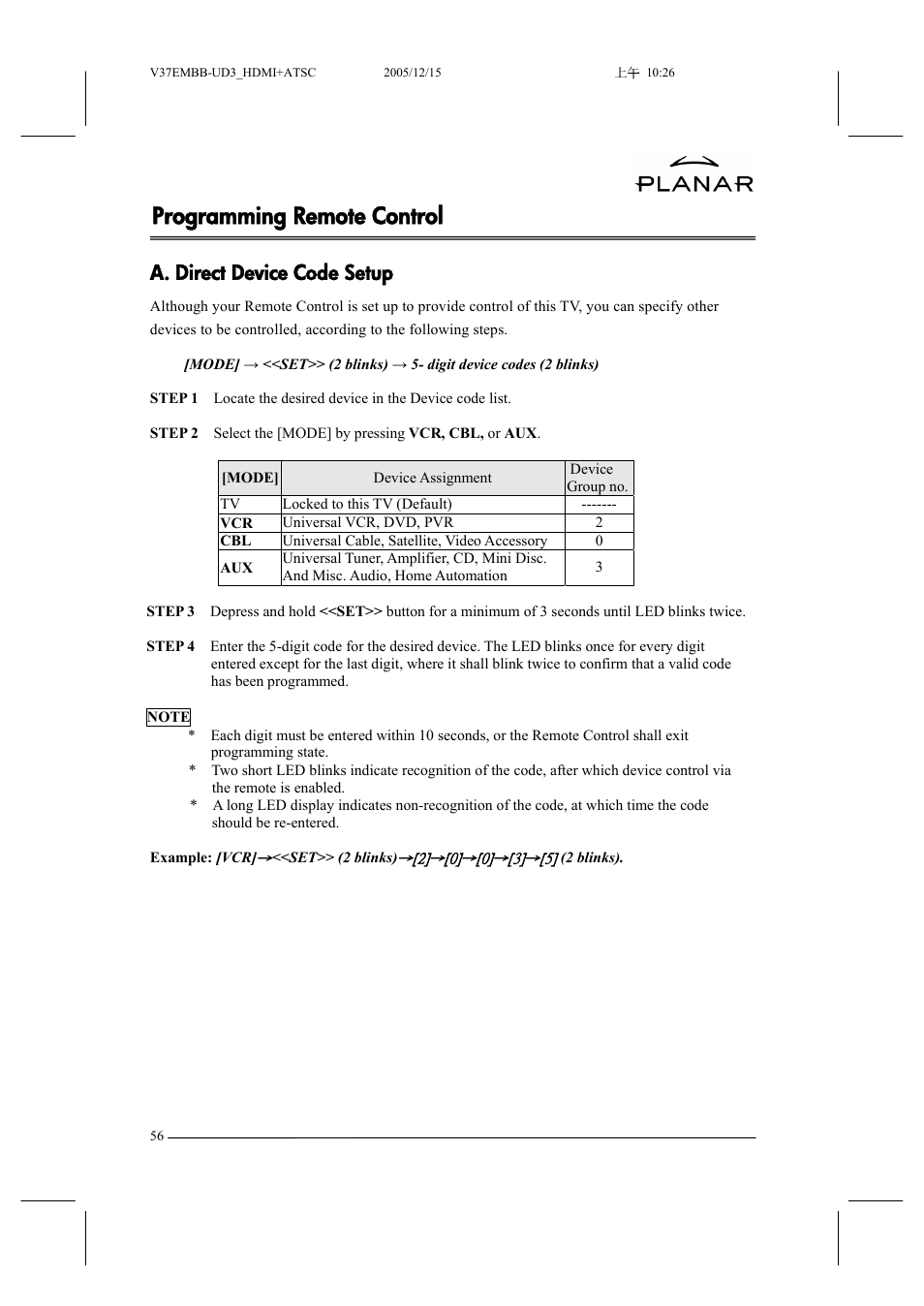 Programming remote control, A. direct device code setup | Planar XP37W User Manual | Page 57 / 70
