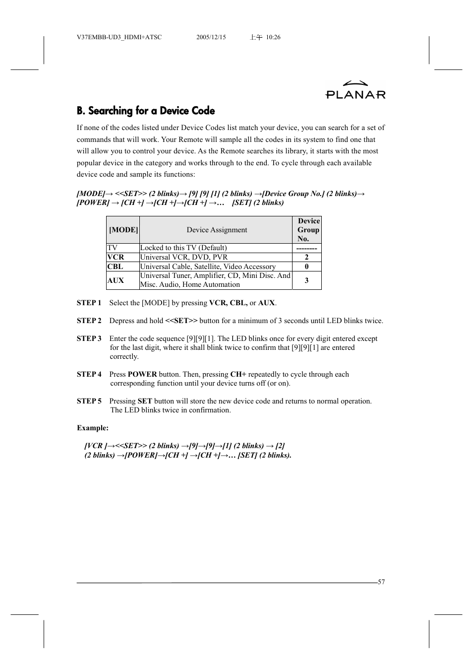 B. searching for a device code | Planar XP37W User Manual | Page 58 / 70