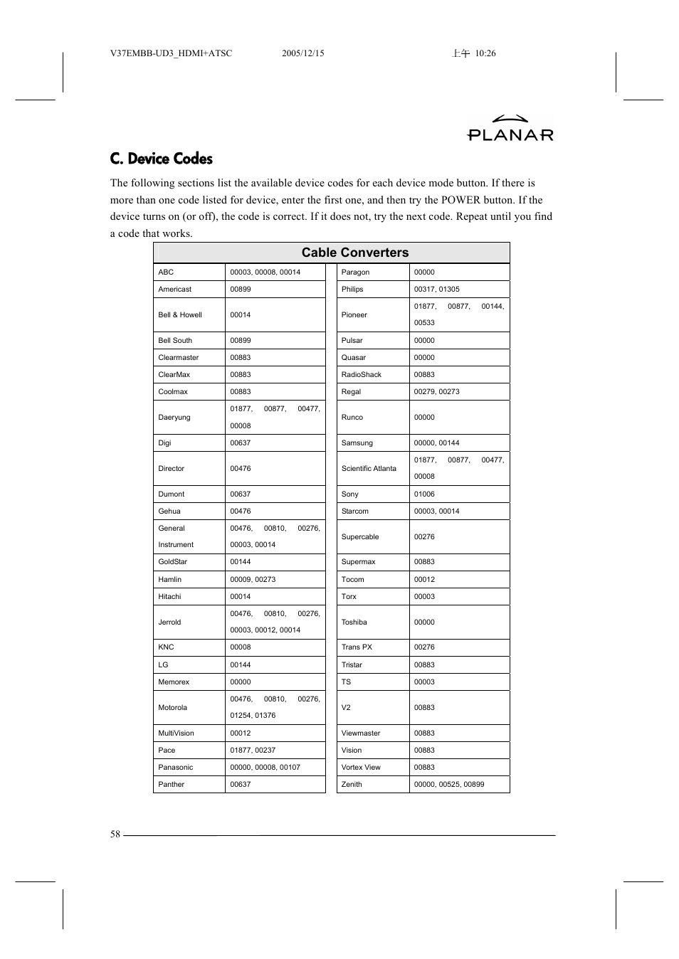 C. device codes, Cable converters | Planar XP37W User Manual | Page 59 / 70