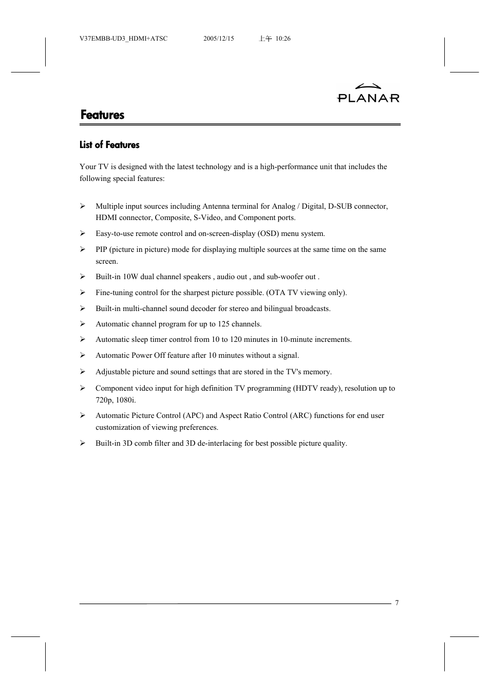 Features | Planar XP37W User Manual | Page 8 / 70