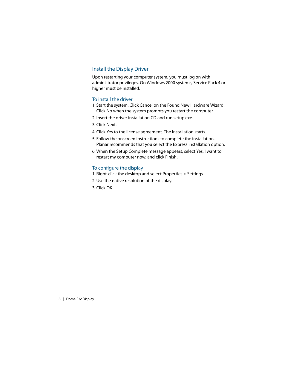 Install the display driver | Planar E2C User Manual | Page 18 / 38