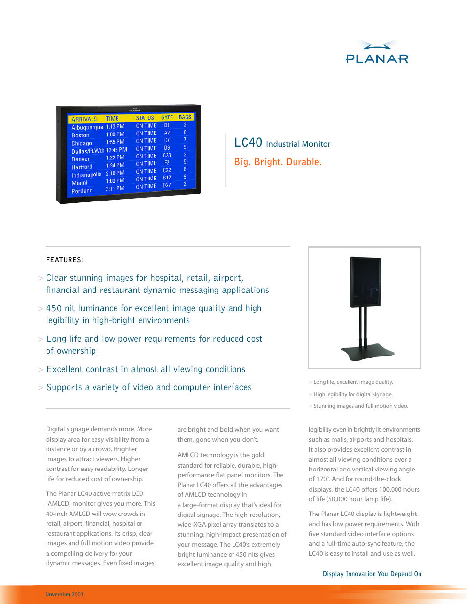 Planar Industrial Monitor LC40 User Manual | 2 pages