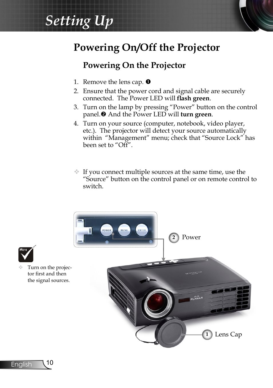 Setting up, Powering on/off the projector, Powering on the projector | Planar PR6020 User Manual | Page 12 / 36