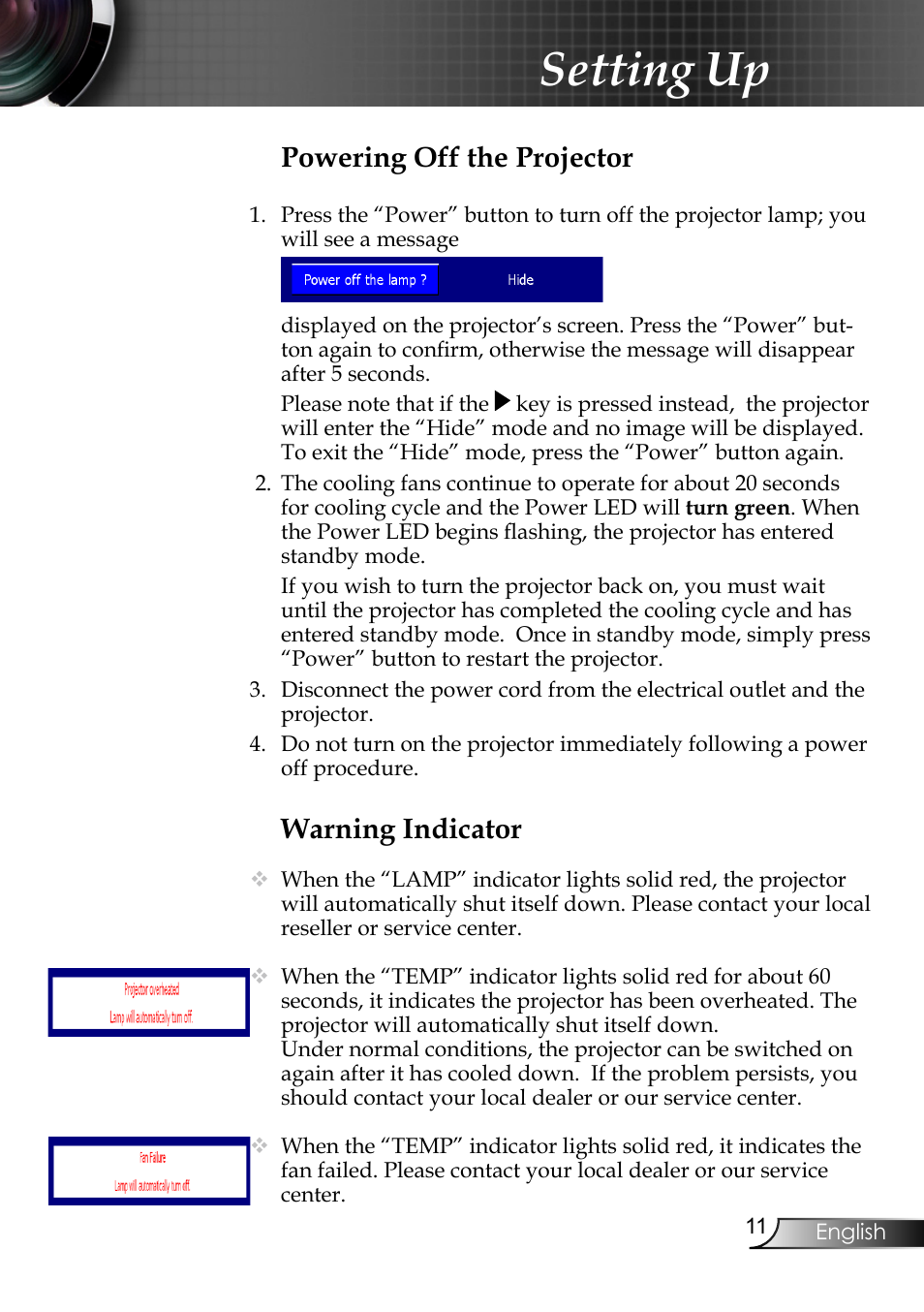 Setting up, Warning indicator, Powering off the projector | Planar PR6020 User Manual | Page 13 / 36