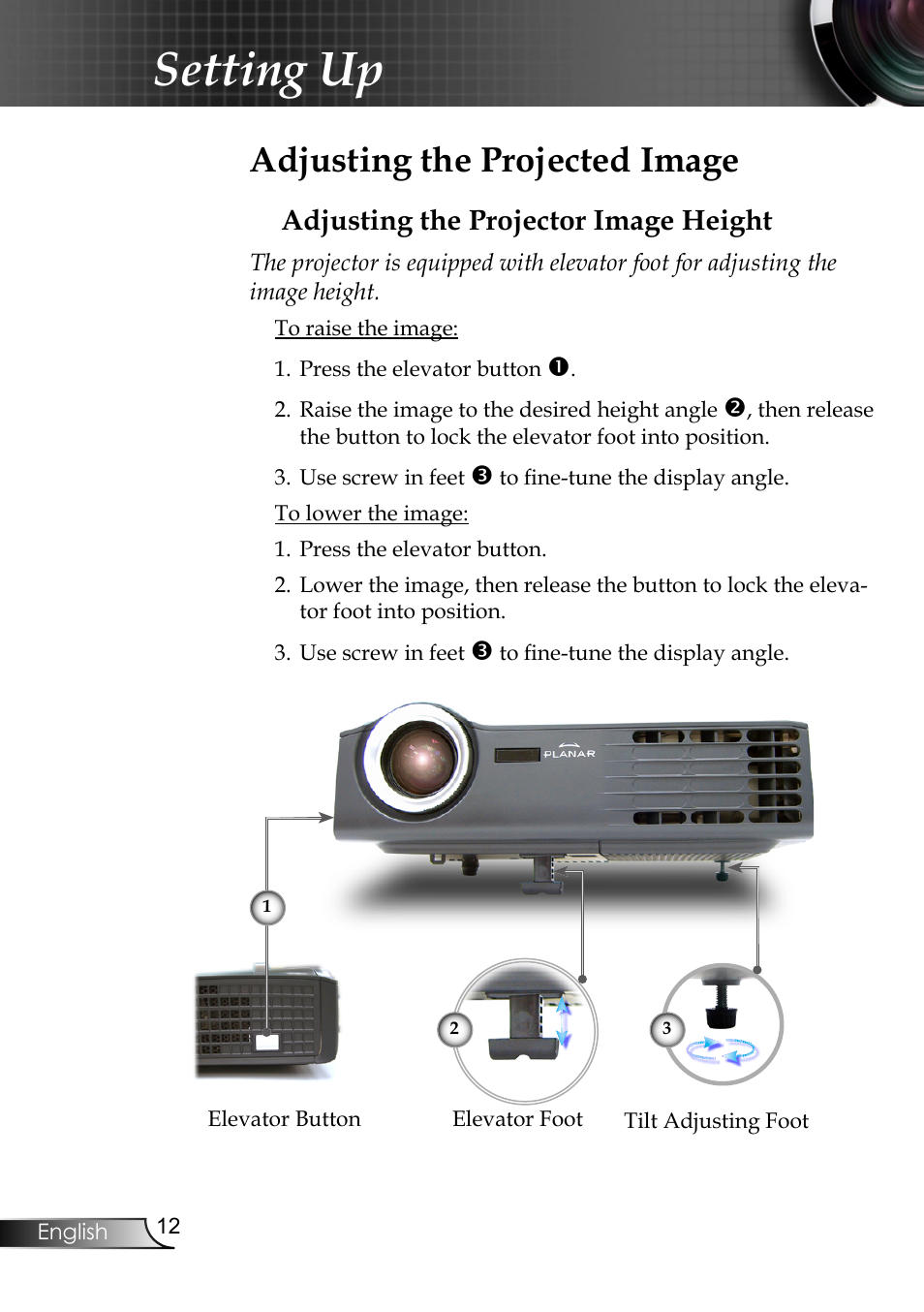 Setting up, Adjusting the projected image, Adjusting the projector image height | Planar PR6020 User Manual | Page 14 / 36