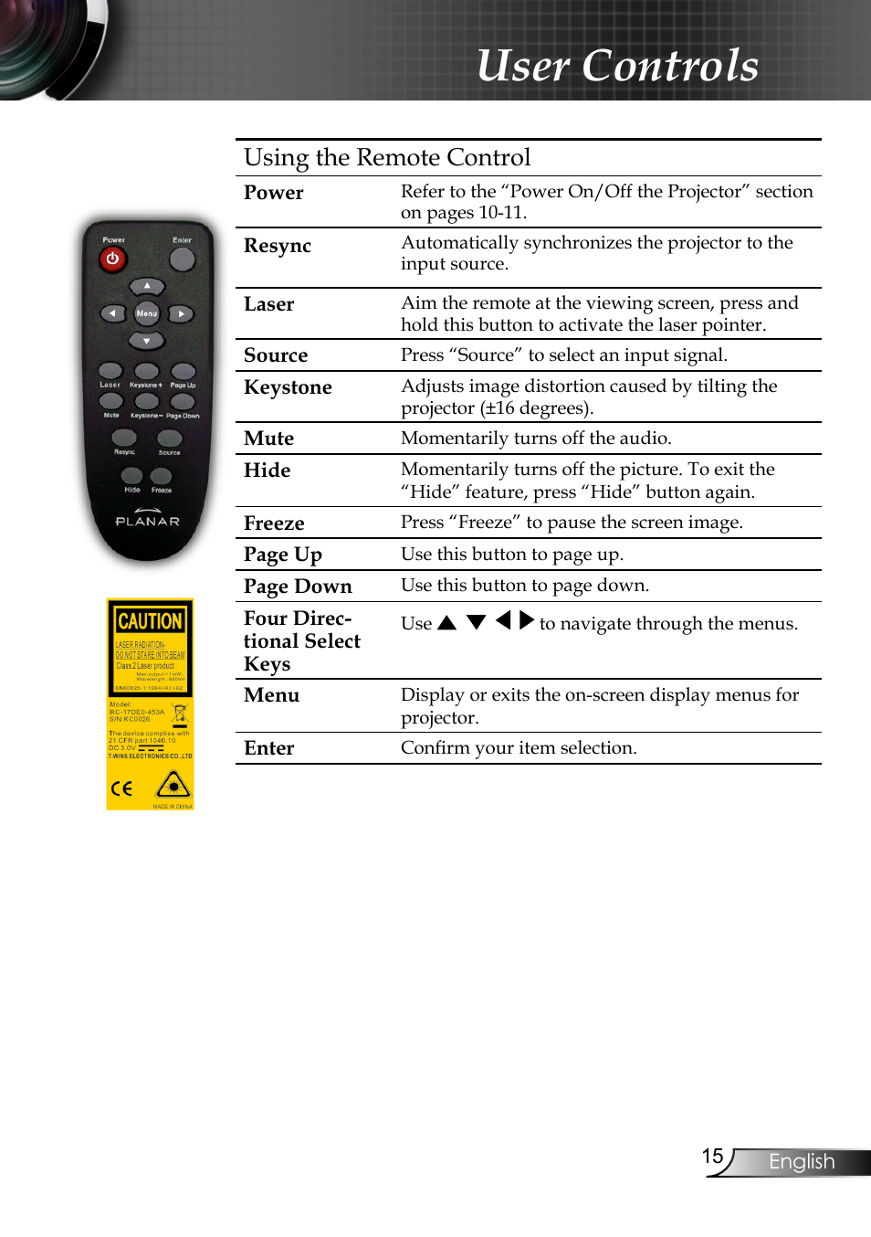 User controls, Using the remote control | Planar PR6020 User Manual | Page 17 / 36