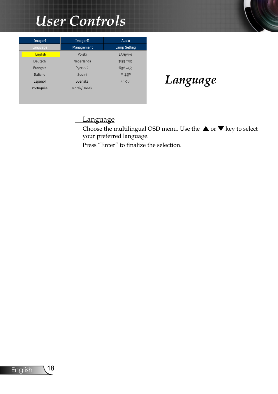 User controls, Language | Planar PR6020 User Manual | Page 20 / 36