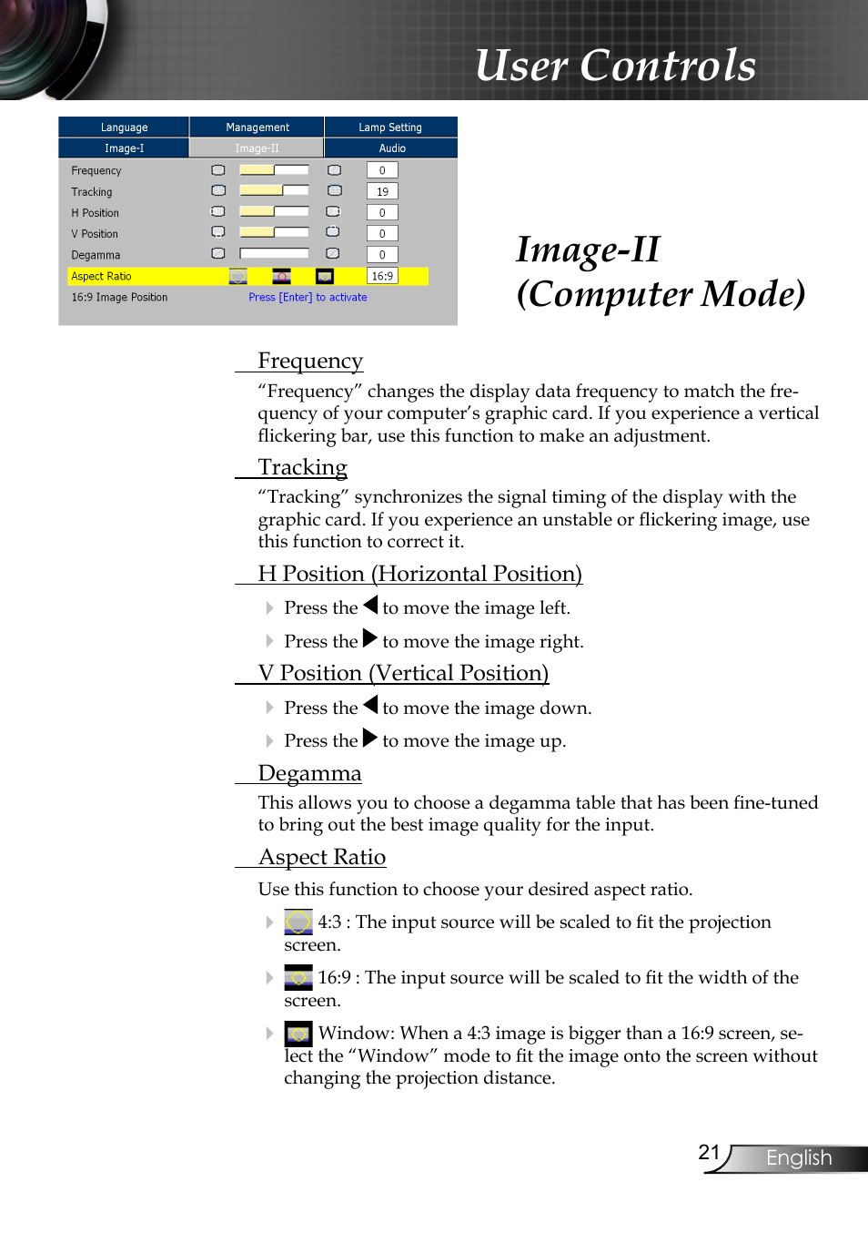 User controls, Image-ii (computer mode) | Planar PR6020 User Manual | Page 23 / 36
