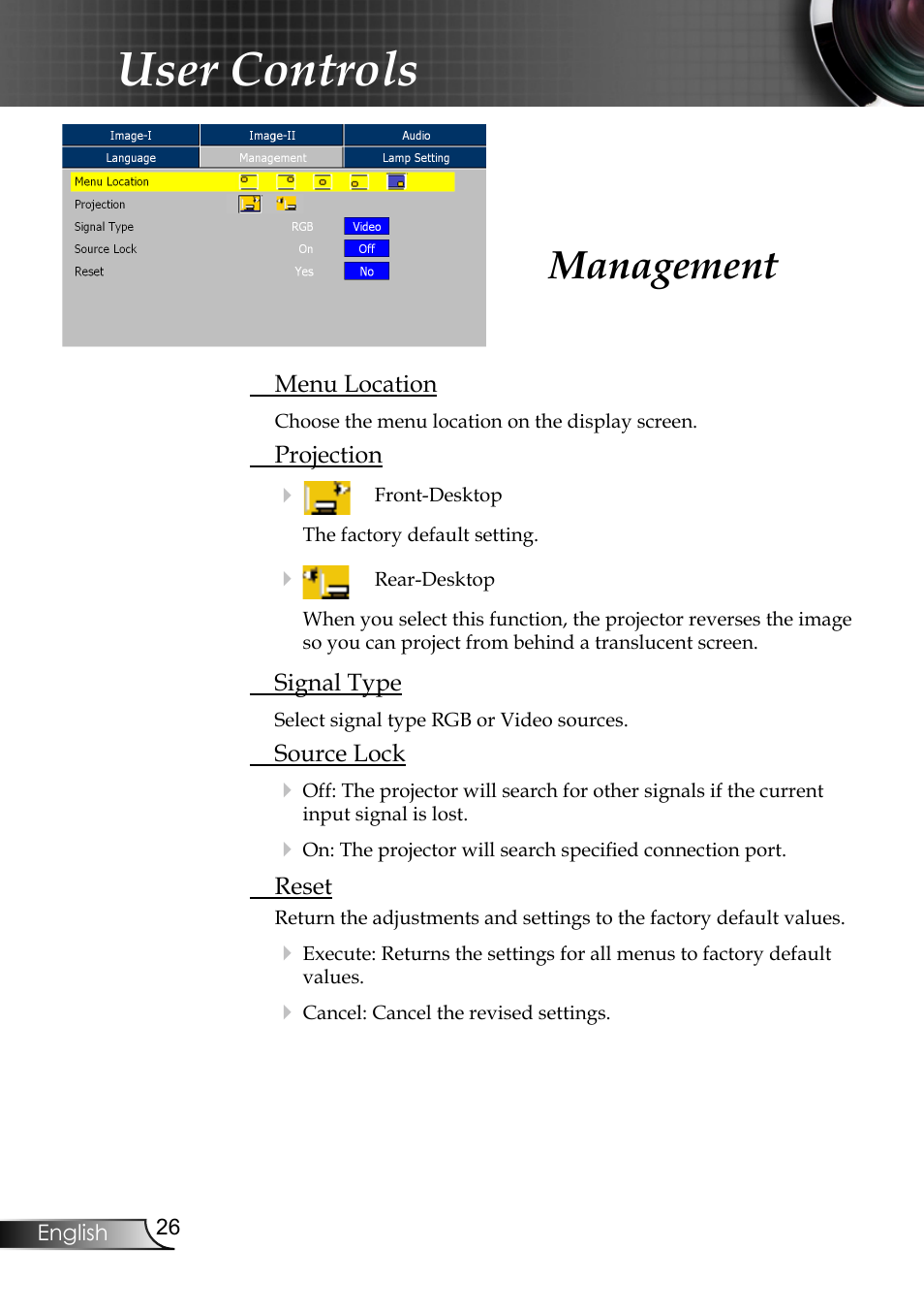 User controls, Management | Planar PR6020 User Manual | Page 28 / 36