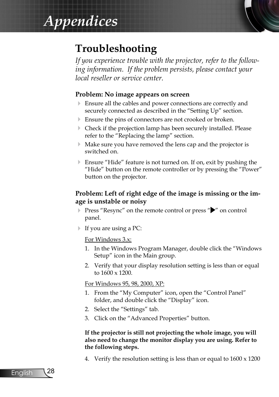 Appendices, Troubleshooting | Planar PR6020 User Manual | Page 30 / 36