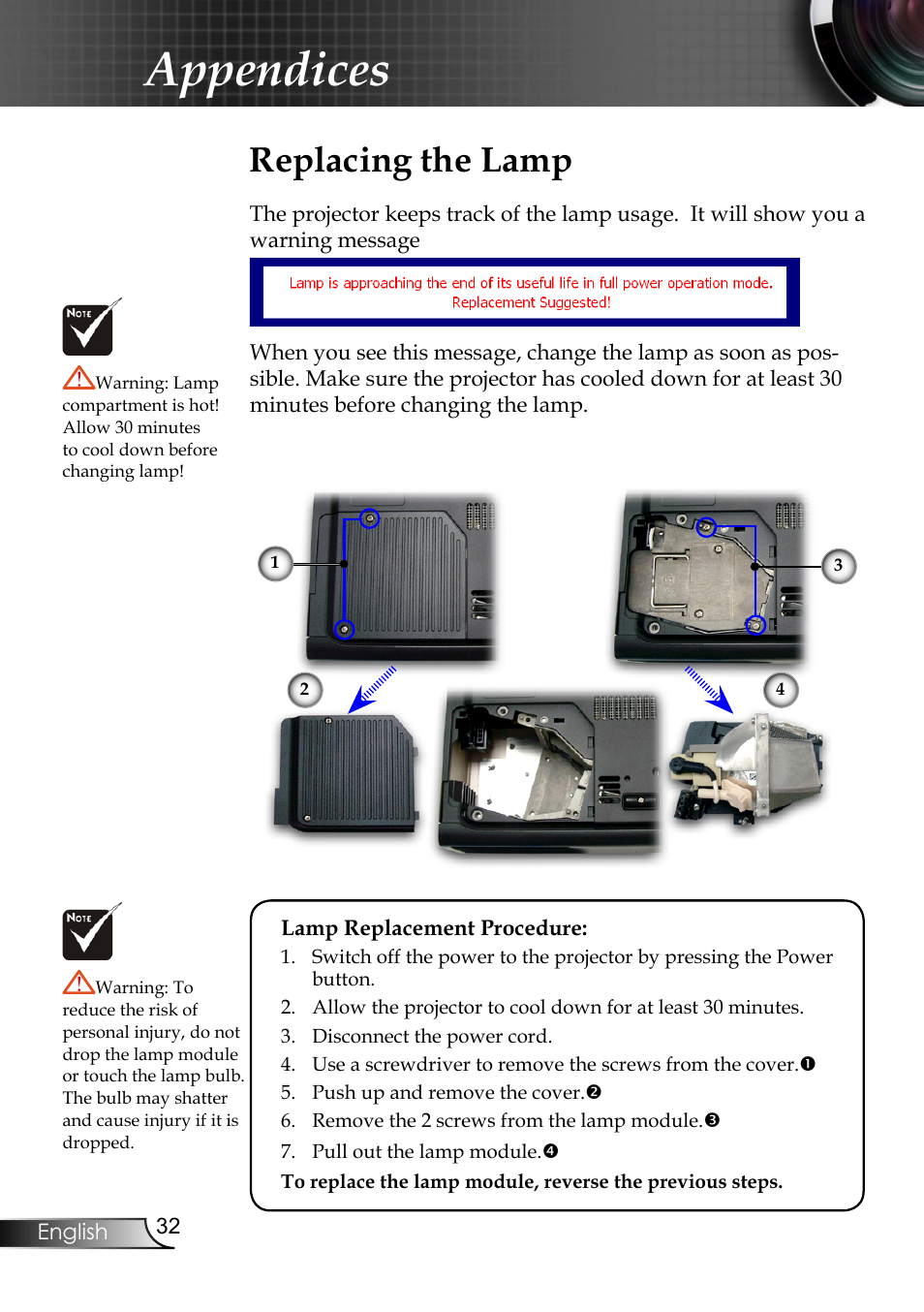 Appendices, Replacing the lamp | Planar PR6020 User Manual | Page 34 / 36