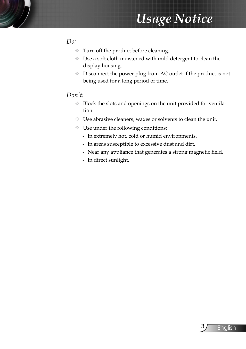 Usage notice | Planar PR6020 User Manual | Page 5 / 36