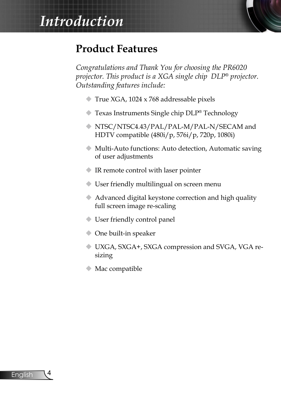 Introduction, Product features | Planar PR6020 User Manual | Page 6 / 36