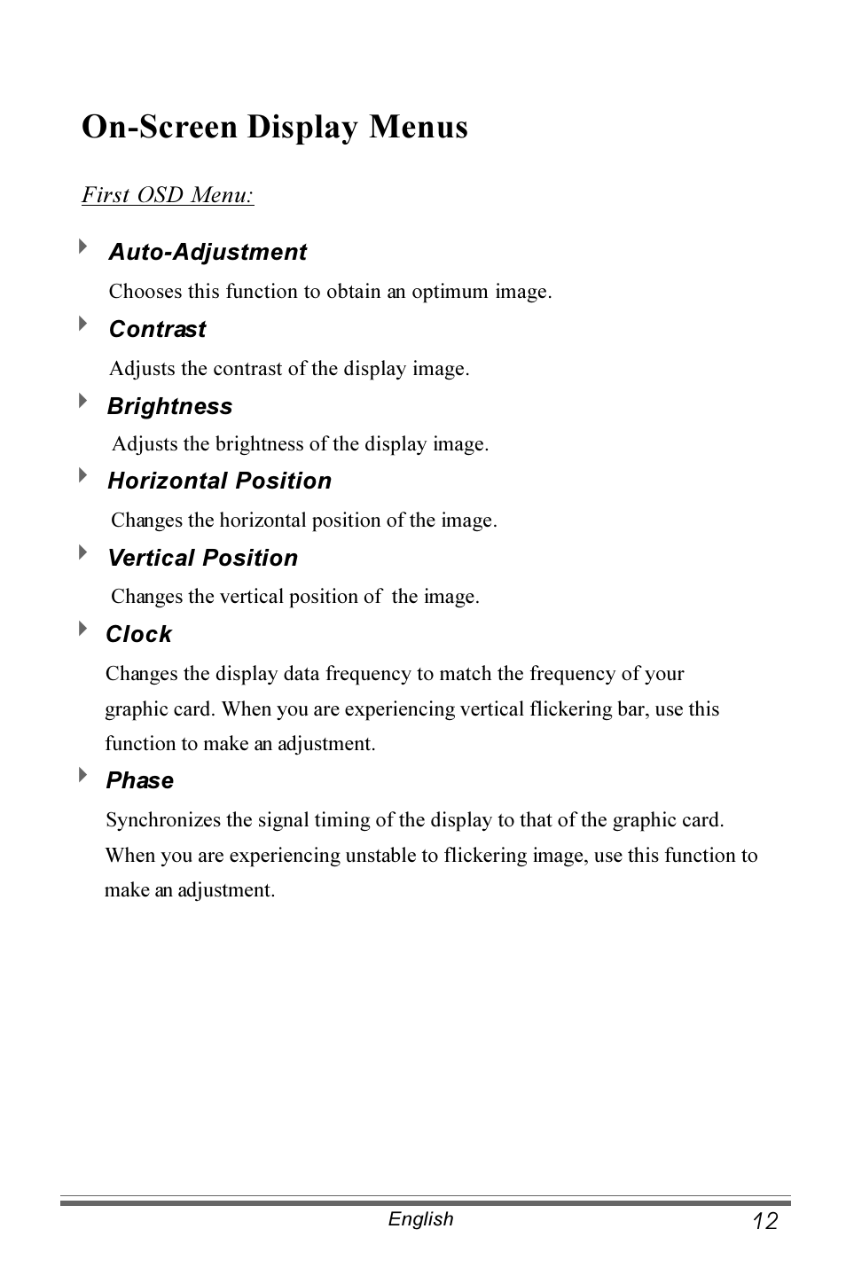 On-screen display menus | Planar PX171M User Manual | Page 13 / 22