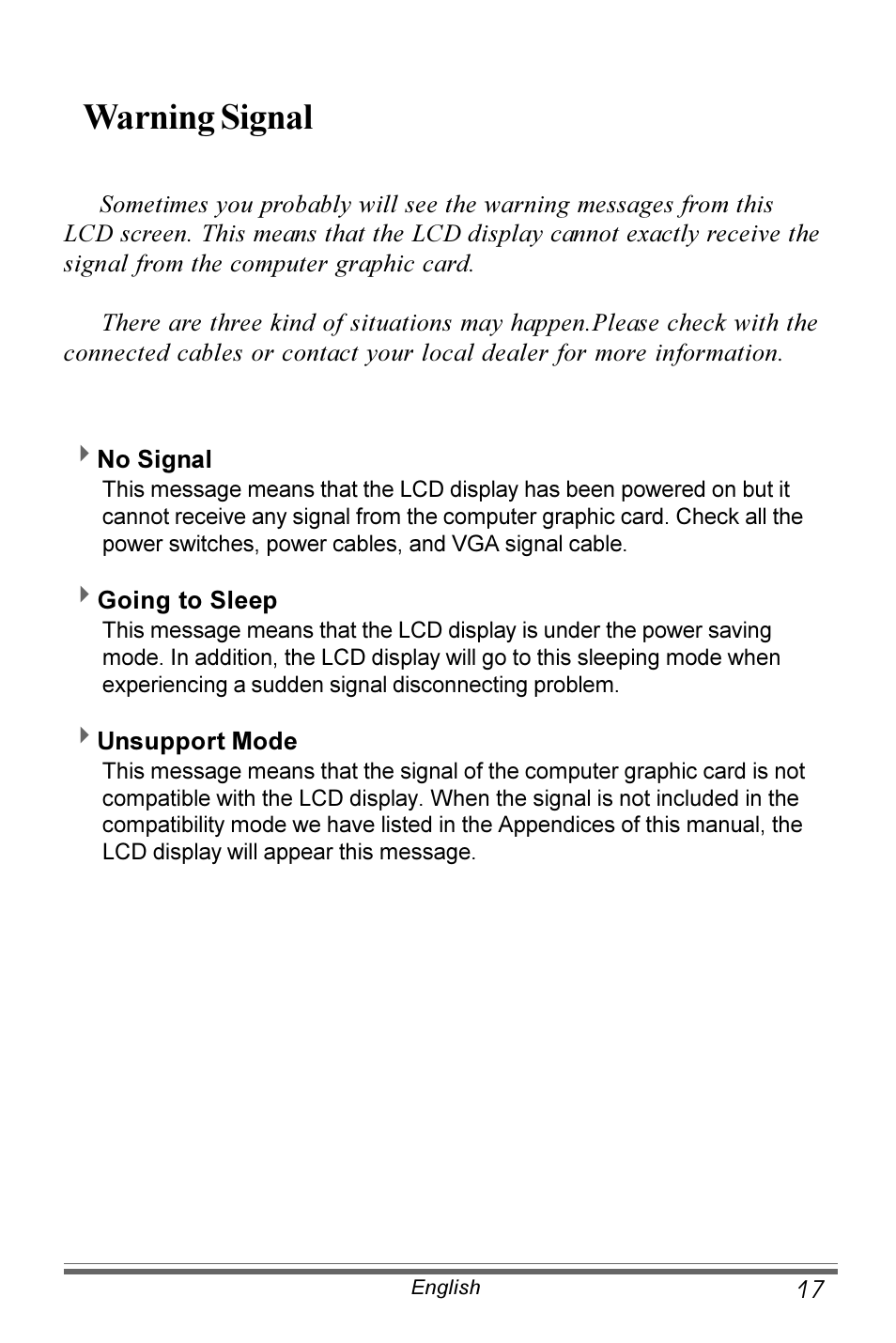 Warning signal | Planar PX171M User Manual | Page 18 / 22