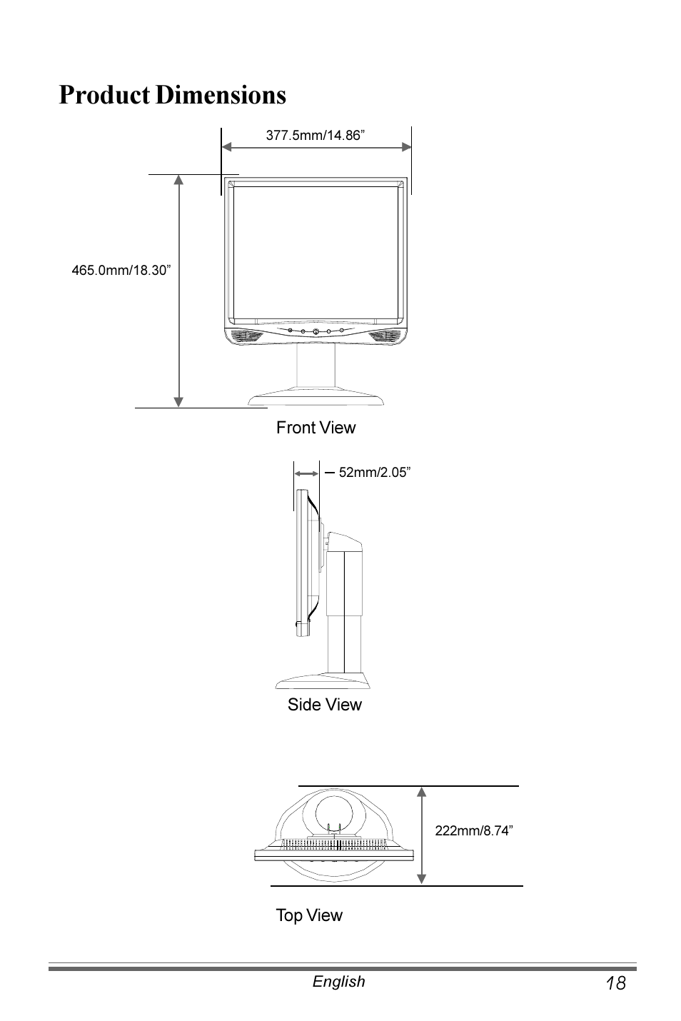 Product dimensions | Planar PX171M User Manual | Page 19 / 22