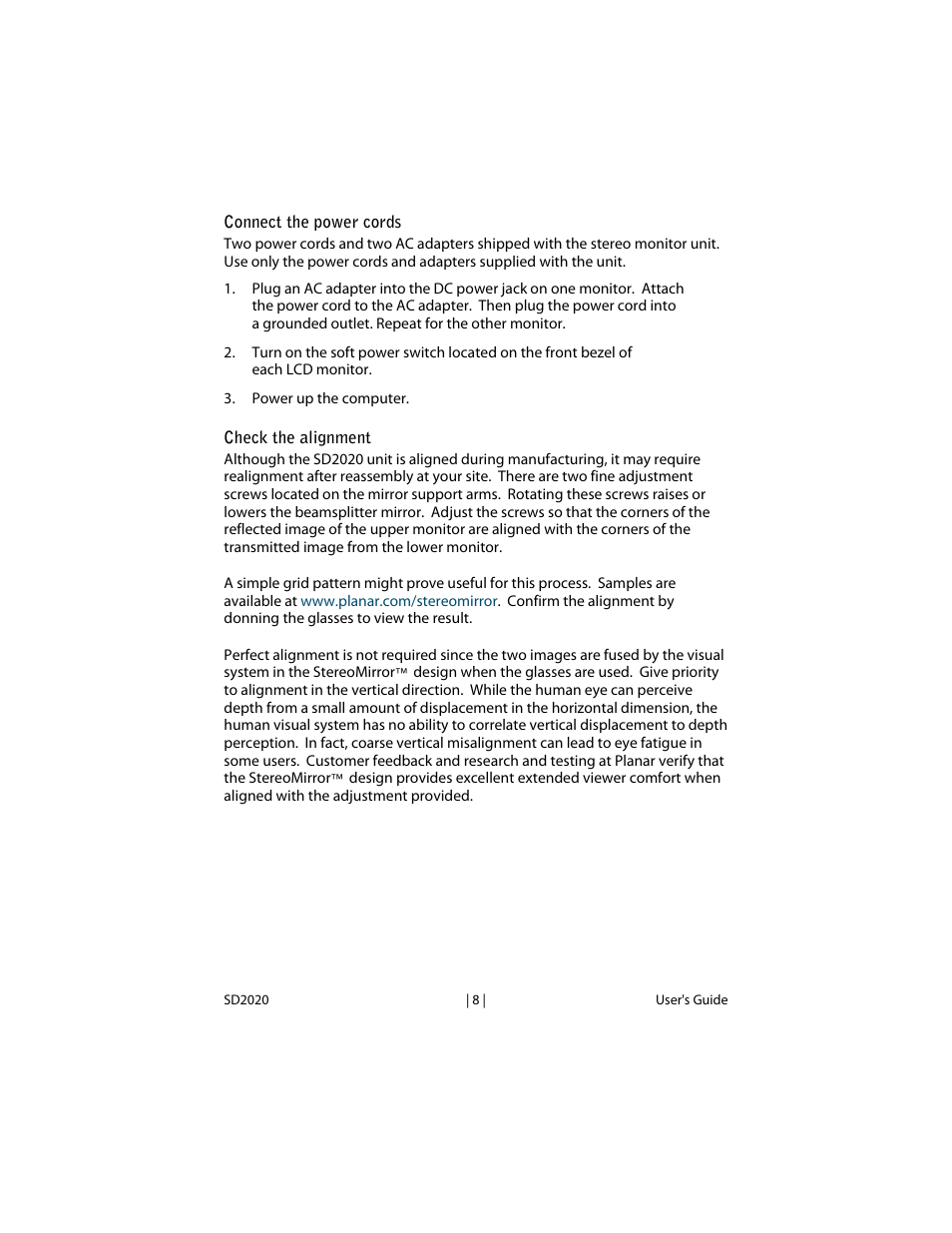 Connect the power cords, Check the alignment | Planar SD2020 User Manual | Page 13 / 20