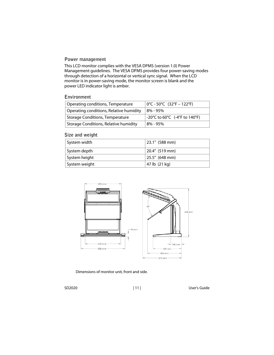 Power management, Environment, Size and weight | Planar SD2020 User Manual | Page 16 / 20