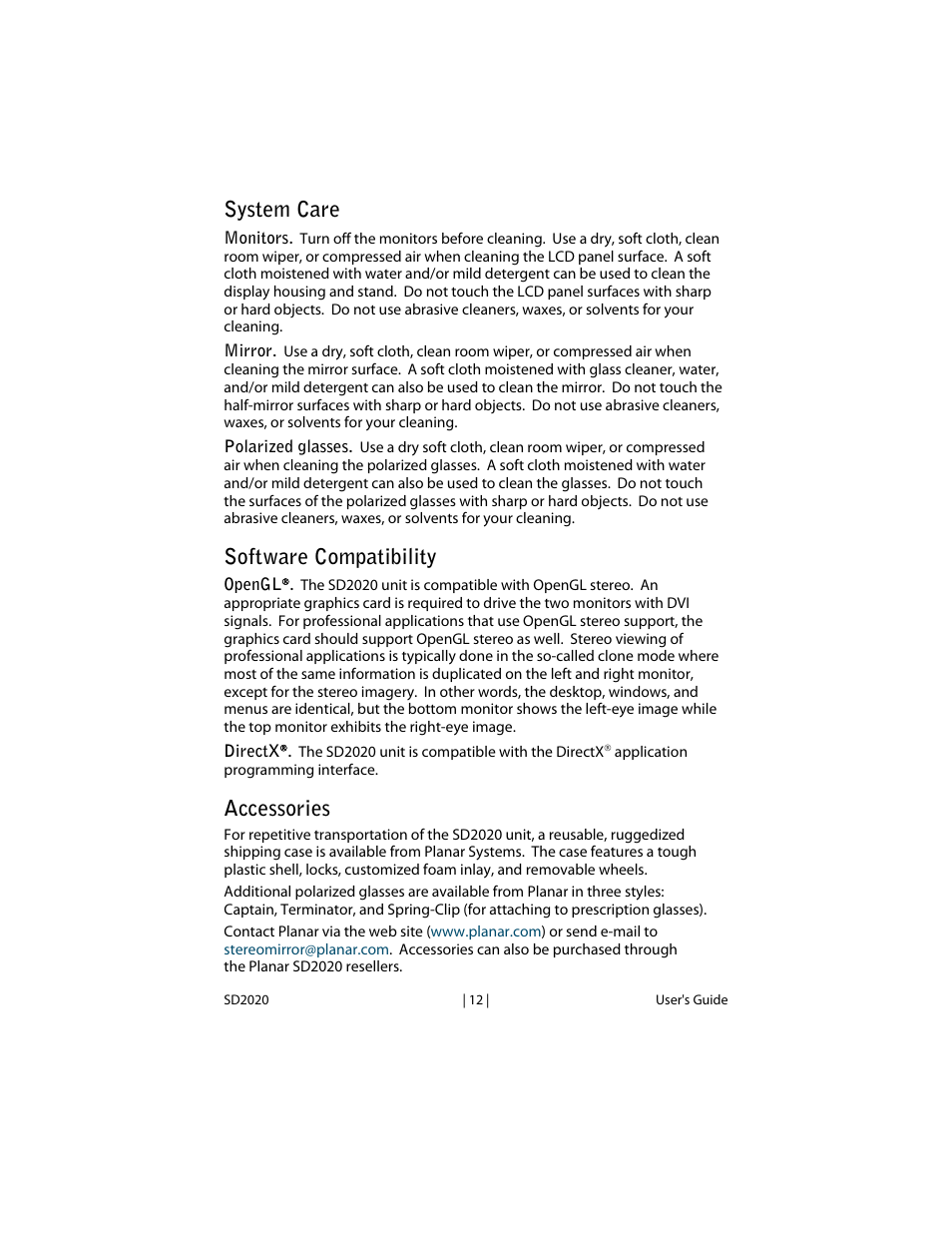 System care, Software compatibility, Accessories | Planar SD2020 User Manual | Page 17 / 20