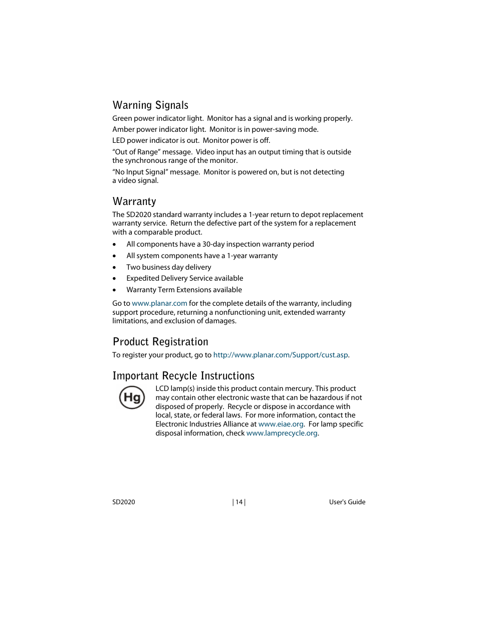 Warning signals, Warranty, Product registration | Important recycle instructions | Planar SD2020 User Manual | Page 19 / 20