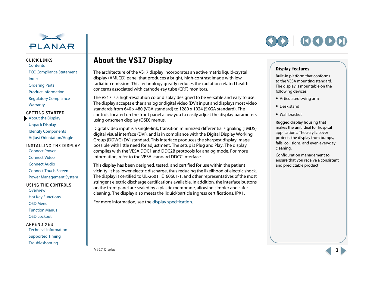1 getting started, About the vitalscreen csr, About the display | About the vs17 display | Planar VS17SXAD User Manual | Page 10 / 40