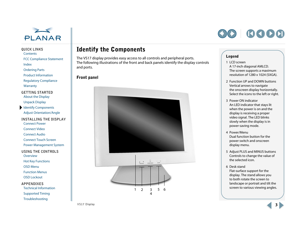 Identify the components, Front panel, Identify components | Planar VS17SXAD User Manual | Page 12 / 40